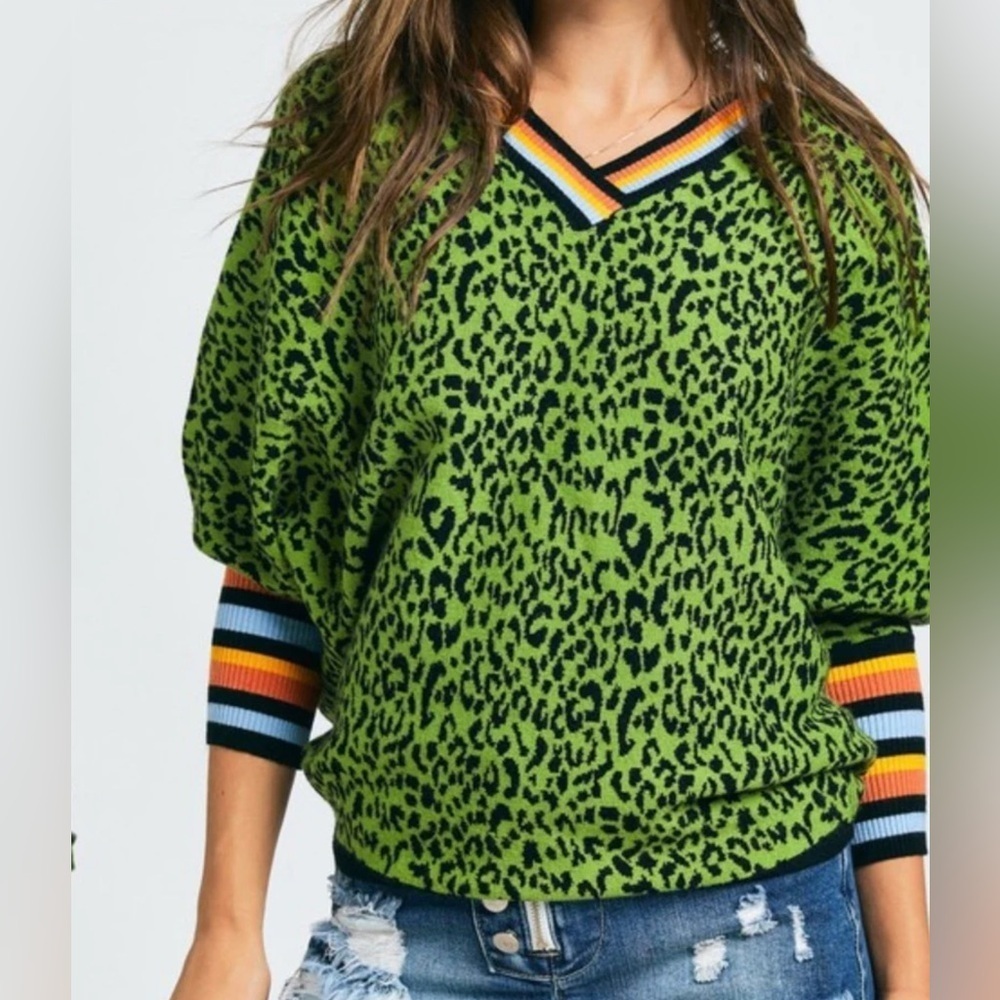 DAVI & DANI Green Leopard Pattern V-Neck Drop Shoulder Boutique Sweater Women S